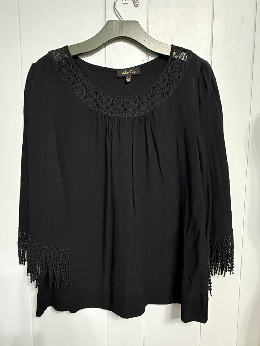 #17)  Melissa Paige Black Crochet Yoke Tunic with Fringe Cuffs